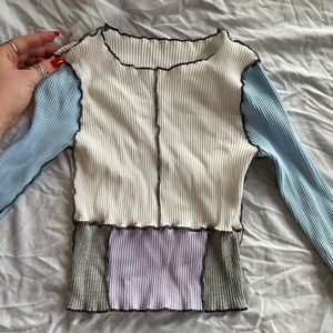 Patched blue, purple, and white top!